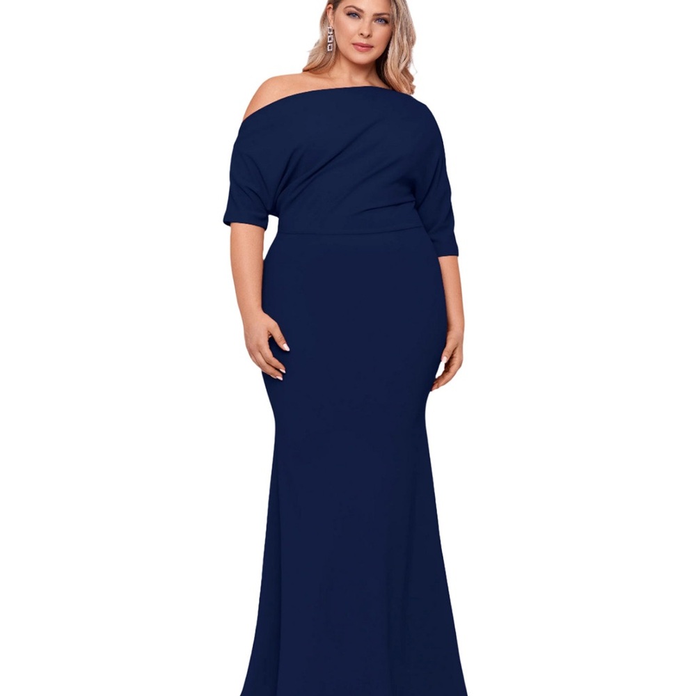 Betsy & Adam Navy One Shoulder Dress Perfect for Prom or Wedding